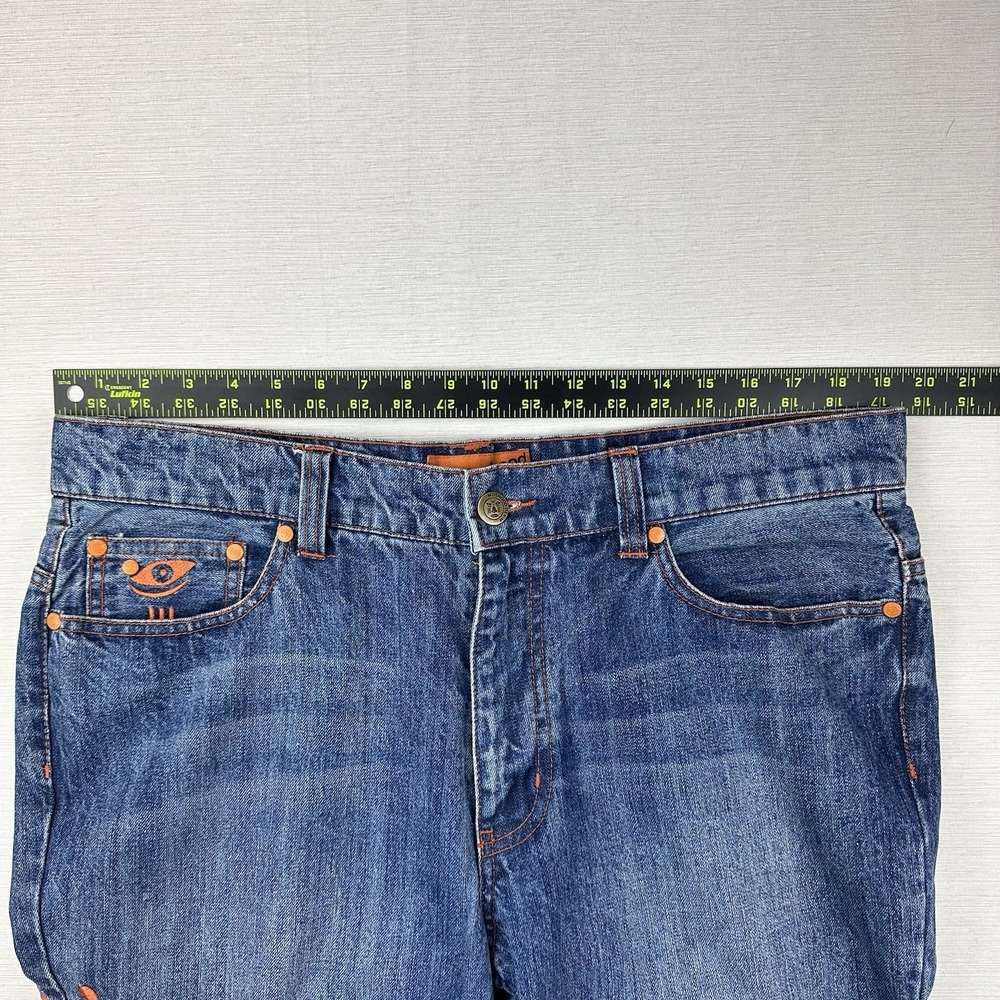 Moshood Denim Wide Leg Embroidered Jeans Raw Edge Cuff Men 39x29 Med Wash - Picture 13 of 13